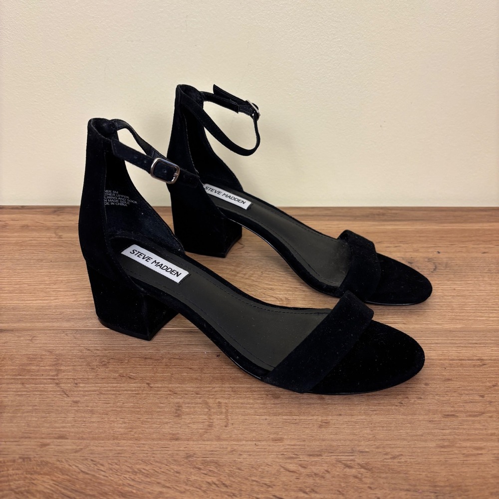 STEVE MADDEN Irenee Sandals Black Suede Women Size 8 Block Heel Ankle Strap